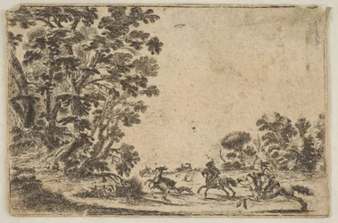 Plade 4: en hjortejagt, to ryttere galopperende mod højre bagved tre hunde og ..., efter 1642. Skaber: Stefano della Bella, Ukendt.