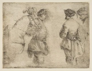 En stang, der fører en hest ved tøjlen og taler med to andre mænd, ca. 1662.