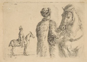 En polsk brudgom, bagfra, med en hest ved tøjlen, ca. 1662.