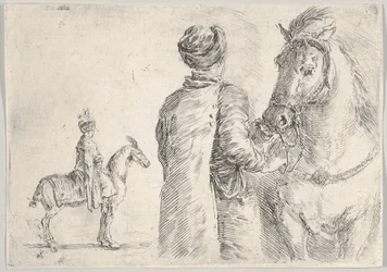 En polsk kammertjener, set bagfra, der holder tøjlen på en hest til højre, en polsk hor..., ca. 1662.