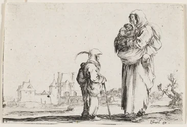 En fattig stående kvinde, der holder et spædbarn, fra Caprices, tavle 7