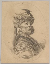 En tyrkisk mand med skæg og turban med en lang fjer foran, blev trekvart..., 1650.