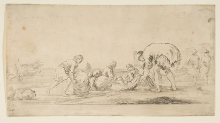 En fisker, der bringer sine net ind, en mand til venstre, der skubber en balle til højre, to-sædet..., ca. 1662.
