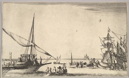 En kabys, der ankommer til havn til venstre, flere robåde i midten, skibe i havn til højre, fra..., 1639.