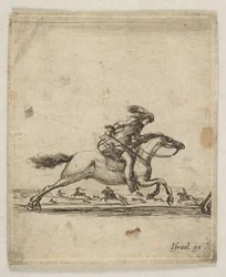 En rytter med sværd i hånden galopperer mod højre, andre ryttere galoperer..., ca. 1645-46.
