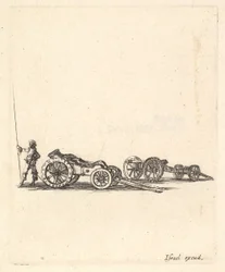 En morter og en kanon, begge monteret på vogne, en soldat vist fra den bagerste sta..., ca. 1638-43.