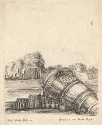 En morter uden vogn liggende på jorden til højre, soldater skyder kanon..., ca. 1638-43.