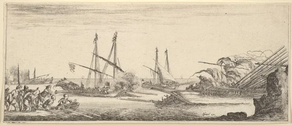Et søslag, en robåd fuld af mænd til venstre, et synkende skib til højre, to kabysser ba..., ca. 1641.