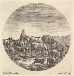 En bondekone siddende på en hest til venstre, vendt mod højre, omgivet af en flok fc..., ca. 1643-48.