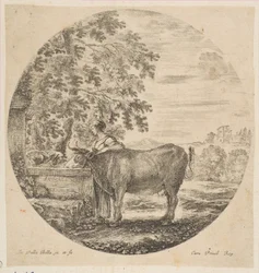 En bondekone med en ko ved et springvand dekoreret med Medici-armene, fra Six ani..., ca. 1646.