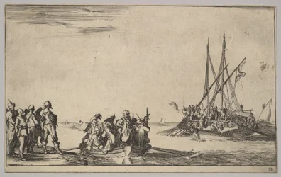 En robåd fuld af mænd i midten, en gruppe mænd stående på land til venstre, et skib fyldt med ..., 1639.