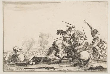 En træfning, to ryttere, der kæmper med sværd til højre, mænd med et flag løber..., ca. 1645.