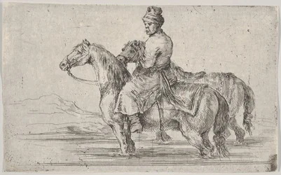 En kammertjener, der tager to heste for at bade, sidder oven på den ene hest i en flod, den anden ved siden af..., ca. 1662.