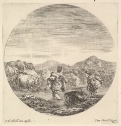 En kvinde med et barn i midten, set bagfra, en anden kvinde til højre, ansigt..., ca. 1643-48.