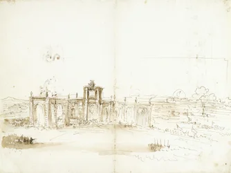 Udsigt over havnen i Livorno med en bygning, der bærer Medici-familiens våben [recto]; havneudsigt og to ornamentstudier [verso]