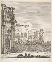 Konstantinsbuen og Colosseum med græssende får i forgrunden, fra "Seks store udsigter, fire over Rom og to over den romerske Campagna" (Seks store udsigter, hvoraf fire over Rom og to over den romerske Campagna)