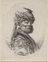 Skægget maurer med en fjerprydet turban og et slør, vendt mod højre