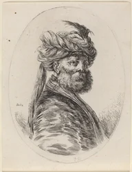 Skægget maurer med fjerprydet turban og slør, vendt mod højre, 1649-1650