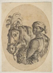En sort slave bærer et leopardskind og holder tømmen på en hest, fra Flere hoveder ..., 1649-50