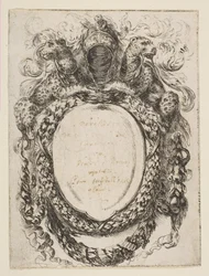 Cartouche kronet af hjelm og leoparder, 1647.