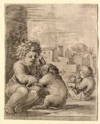 Barn lærer en hund at sidde på bagbenene