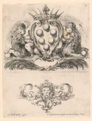 Storhertugen af ​​Toscanas våbenskjold: Ornament with a Lion Mask, nr. 6 fra "Samling af forskellige capriccii et ni opfindelser af mapper og ornamenter"