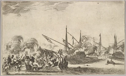 Kamp mellem flere robåde og skibe, to grupper af mænd i robåde, der kæmper til venstre..., 1639.
