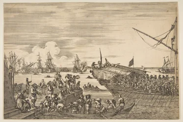 Afgang af en kabys ved havnen i Livorno, fra fra Udsigt over havnen i Livorno ..., 1654-55.