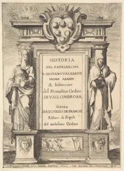 Frontispice: et monument dekoreret med Medici-våbenskjoldet øverst i midten, flammer a..., 1640.