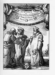 Frontispice af dialogen om de to vigtigste verdenssystemer af Galileo Galilei, 1632