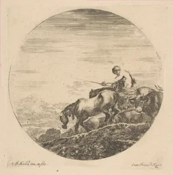 Hyrde til hest driver dyr, ca. 1646.