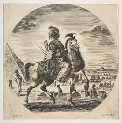 Maurisk rytter i profil vendt mod højre, i baggrunden en pyramide til venstre, mange fi..., ca. 1651.