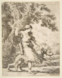 Nymfe holder en stor hund ved halsbåndet, ca. 1654.