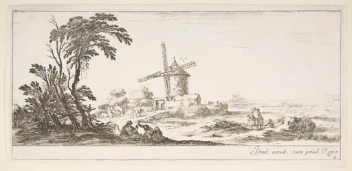Plade 10: en familie i midten af forgrunden, forskellige figurer og heste i mellemgrunden, en..., ca. 1641.
