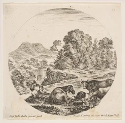 Plade 10: en hest liggende i midten, en ko og to geder til højre, to siddende fåre..., ca. 1646.