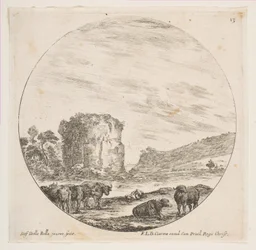 Plade 13: ruiner af et tempel i et romersk landskab, fra romerske landskaber og ruiner P..., ca. 1646.