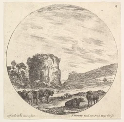 Plade 13: ruiner af et gammelt tempel i baggrunden, en flok køer i forgrunden..., ca. 1643-48.