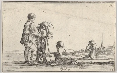 Plade 13: to bønder stående til venstre, en krøbling knælende på jorden i midten, en..., ca. 1642.