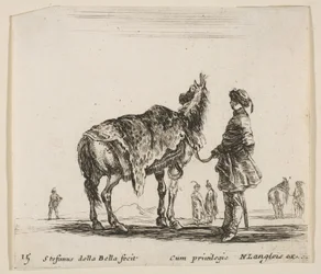 Tavle 15: en polsk adelsmand, der vender væk, holder sin hest dækket af leopardskind..., ca. 1644-47.