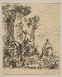 Plade 19: Landskab med en kavaler der vander sin hest ved et springvand, fra forskellige fi..., ca. 1646.