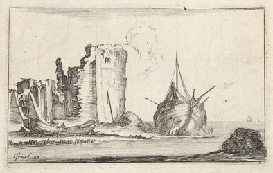 Plade 2: et skib til højre og en robåd til venstre, skyllet op på land, et tårn i ruiner b..., ca. 1642.