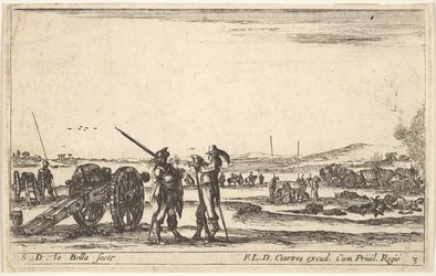 Plade 3: En officer giver ordre til en soldat i midten af forgrunden, kanon til venstre, af..., ca. 1641.
