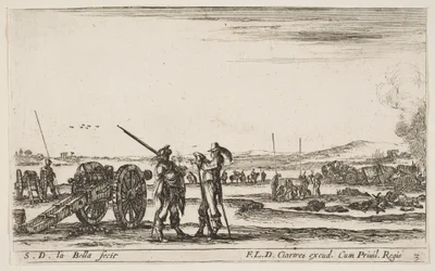 Plade 3: En officer giver ordre til en soldat i midten af forgrunden, kanon til venstre, af..., ca. 1641.