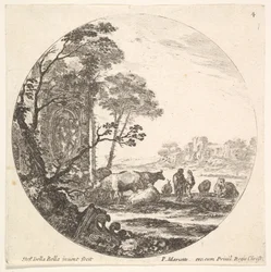 Plade 4: en korintisk hovedstad på jorden til venstre i forgrunden, et monument med..., ca. 1643-48.