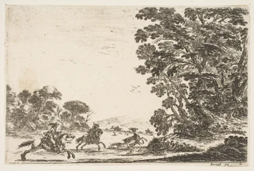 Plade 4: en hjortejagt, to ryttere galopperende mod venstre bagved tre hunde og en hjort..., 1642.