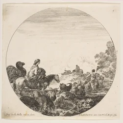 Plade 5: en kvinde bærer et barn på en hest til venstre, en kamel efter hende, en flok..., ca. 1646.