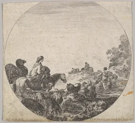 Plade 5: en kvinde, der bærer et barn på en hest til venstre, en kamel efter hende, en flok..., ca. 1643-48.