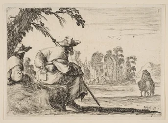 Tavle 5: to pilgrimme med hatte hviler til venstre, set bagfra, en rytter rider mod krig..., 1642.