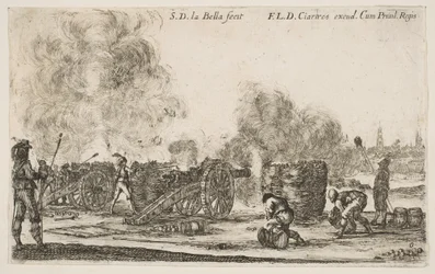 Plade 6: batteri af kanoner, der skyder mod en by, fra Various Military Caprices Varii ..., ca. 1641.