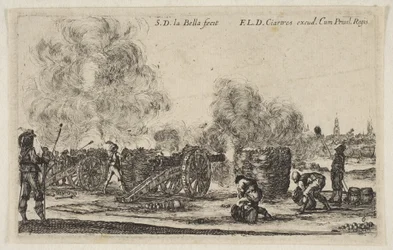 Plade 6: batteri af kanoner, der skyder mod en by, fra Various Military Caprices Varii ..., ca. 1641.